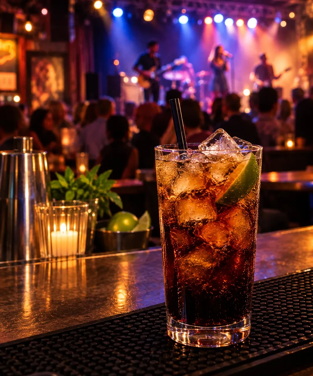 Cuba Libre con ron, cola y limón, servido con hielo en vaso alto