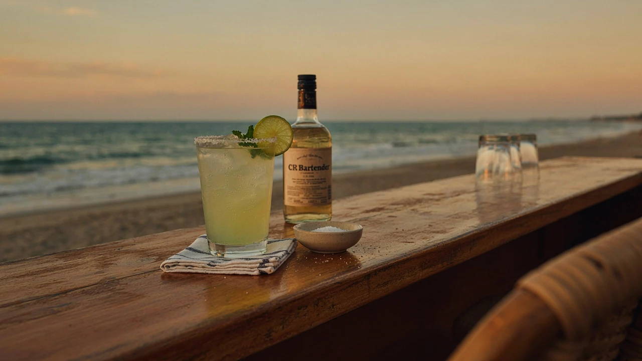 Margarita escarchada con sal, junto a una botella de CR Bartender en la barra