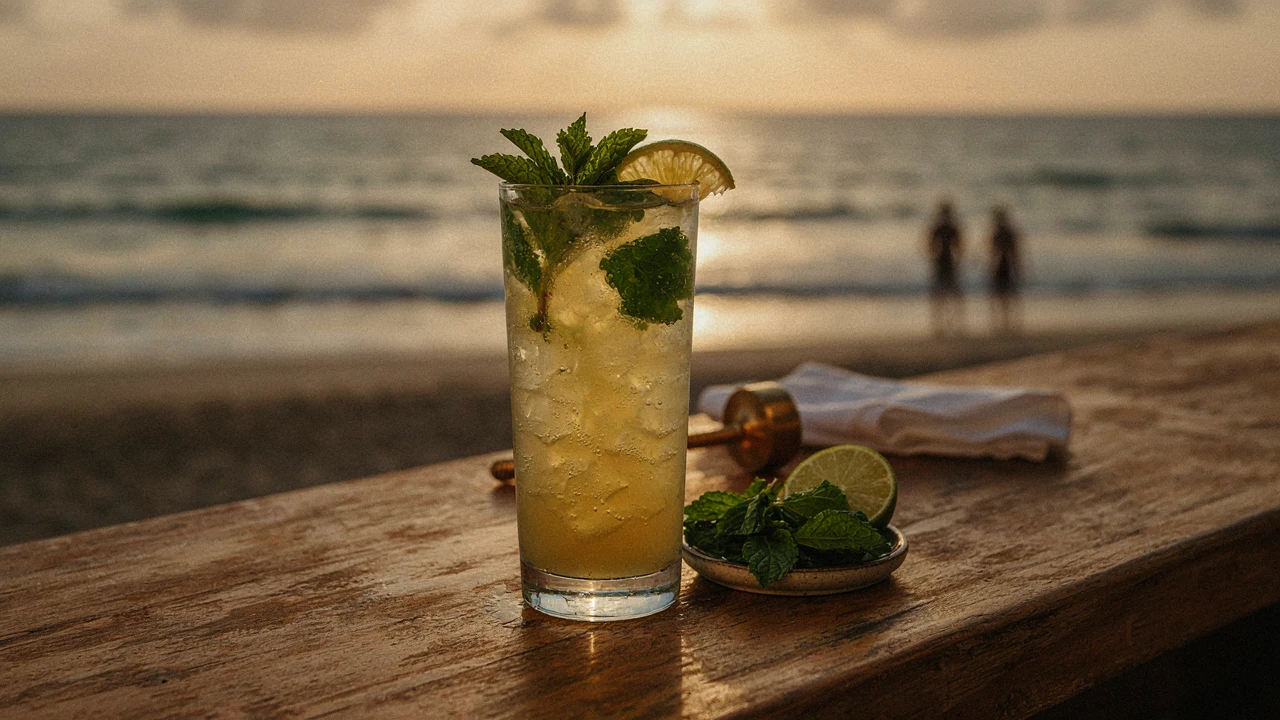 Mojito con hierbabuena y limón, servido en la barra al atardecer