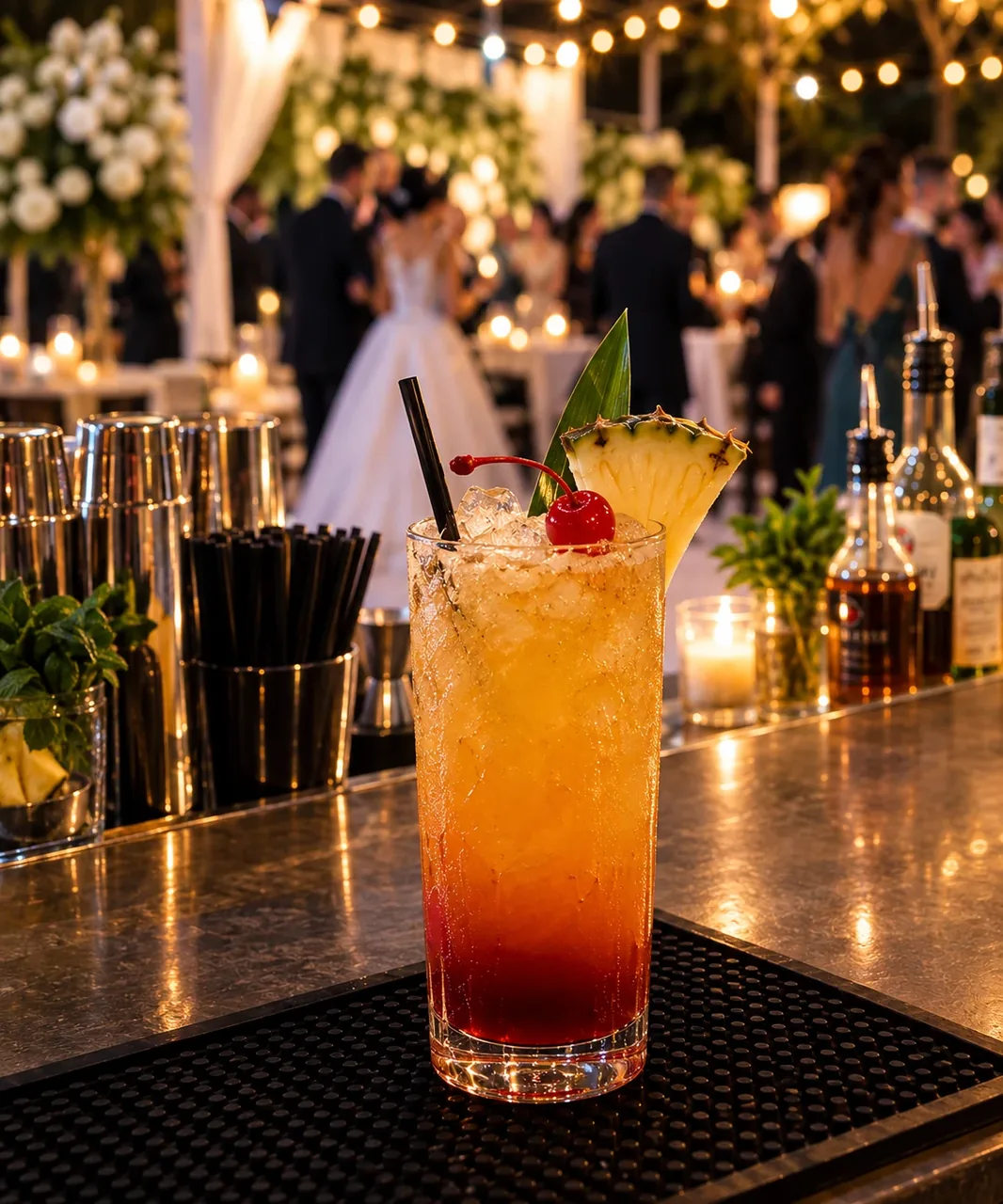 Zombi tropical con degradado naranja a rojo, decorado con piña y cereza